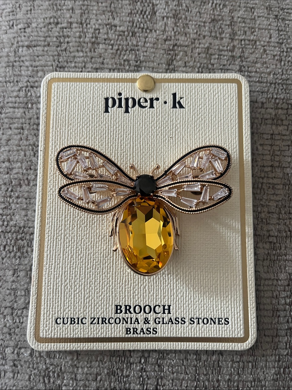 NWT Piper K Gold and Black Bee Brooch CZ and Glass Stones